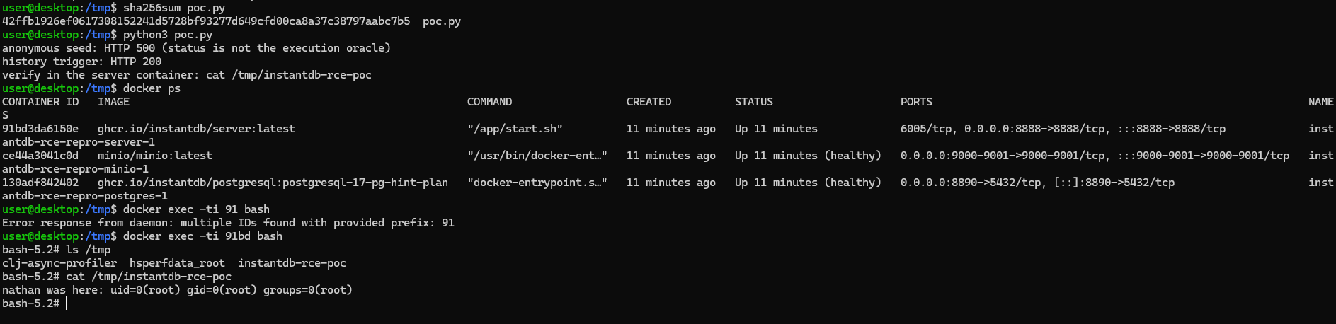 Terminal showing the local InstantDB requests returning HTTP 500 and HTTP 200, followed by the marker file containing uid=0(root) inside the server container